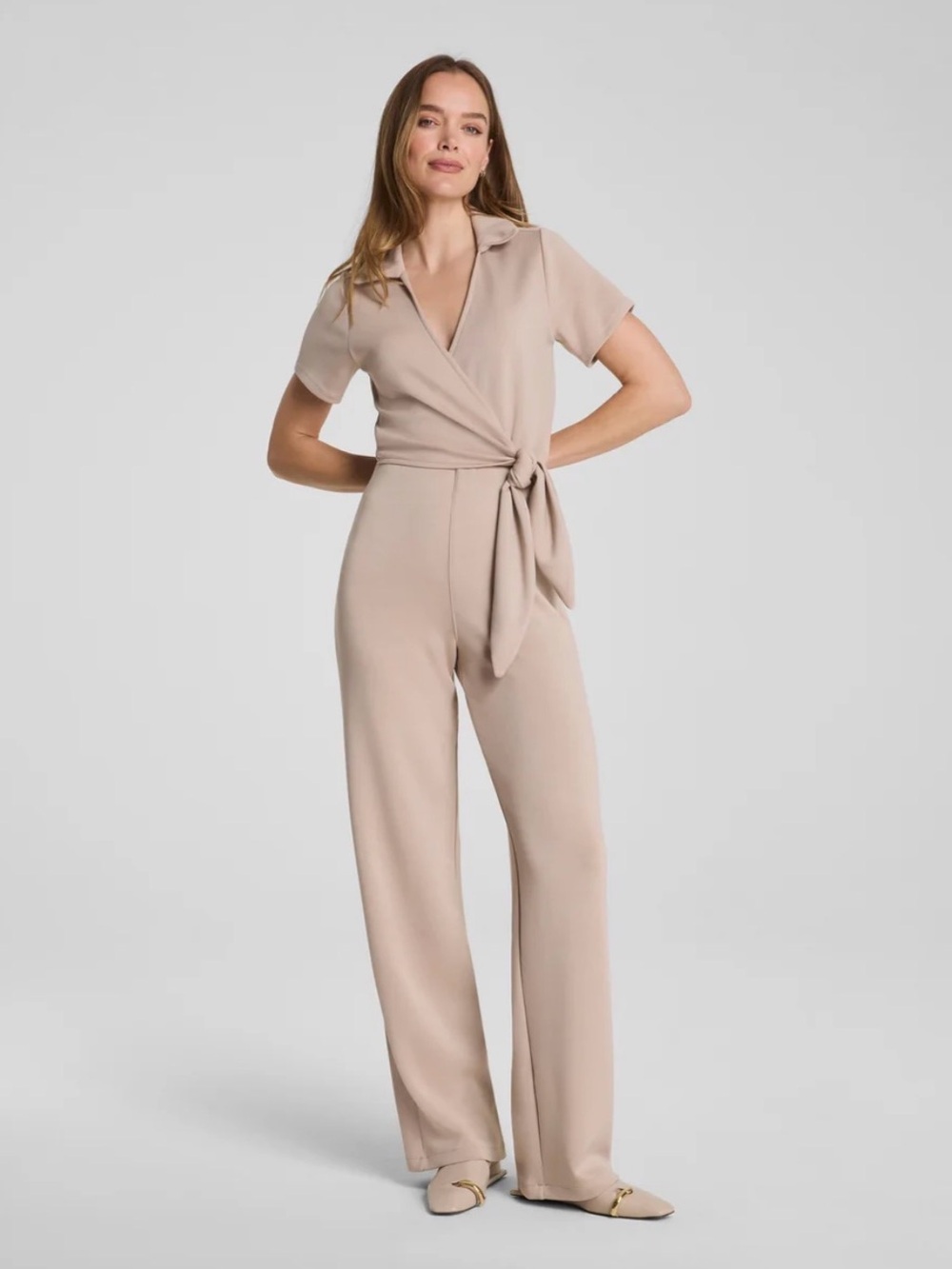 SPANX Taupe Tie-Waist Short Sleeve Jumpsuit